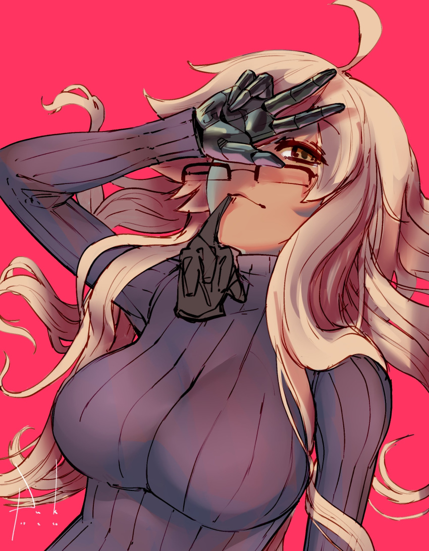 1girl absurdres ahoge alma_armas black-framed_eyewear blonde_hair breasts brown_eyes dark_skin glasses glove_in_mouth gloves gloves_removed highres large_breasts mechanical_hands mouth_hold one_eye_covered over-rim_eyewear puk purple_sweater ribbed_sweater semi-rimless_eyewear solo sweater turtleneck turtleneck_sweater v_over_eye va-11_hall-a