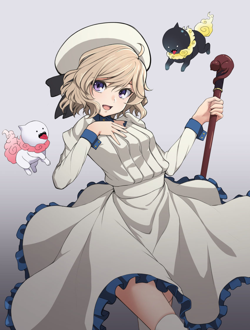 1girl absurdres amputee beret cane dress glass_eye godyuurei hat highres iwanaga_kotoko kyokou_suiri light_brown_hair medium_dress medium_skirt prosthesis prosthetic_leg short_hair skirt sleeve_cuffs violet_eyes white_dress white_headwear youkai