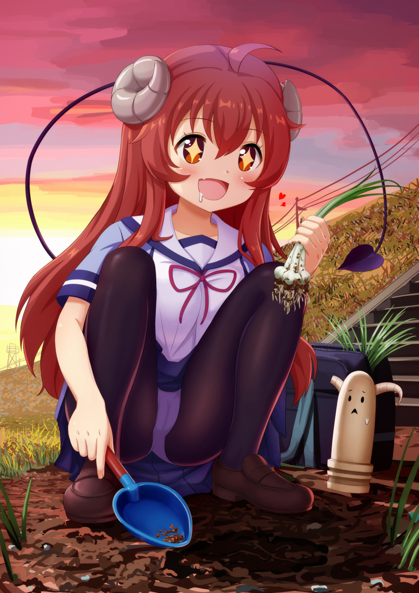 1girl absurdres ahoge black_legwear blush broken_horn brown_hair cedar_(artist) demon_girl demon_horns demon_tail drooling earth evening eyebrows_visible_through_hair highres horns long_hair machikado_mazoku open_mouth panties panties_under_pantyhose pantyhose pantyshot pantyshot_(squatting) shovel soil squatting statue tail twilight underwear yoshida_yuuko_(machikado_mazoku)