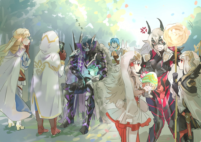 1other 2boys 4girls alfonse_(fire_emblem) anger_vein animal_ears armor blonde_hair blue_hair braid brown_gloves cape crown crown_braid domino_mask dress easter_egg egg fake_animal_ears fire_emblem fire_emblem_heroes from_behind from_side gloves green_eyes grey_hair hair_ornament highres holding holding_staff hood hood_up horns hukashin kiran_(fire_emblem) lif_(fire_emblem) long_hair long_sleeves mask multiple_boys multiple_girls multiple_persona rabbit_ears red_eyes sharena short_dress short_hair sitting staff thrasir_(fire_emblem) veronica_(fire_emblem) white_legwear