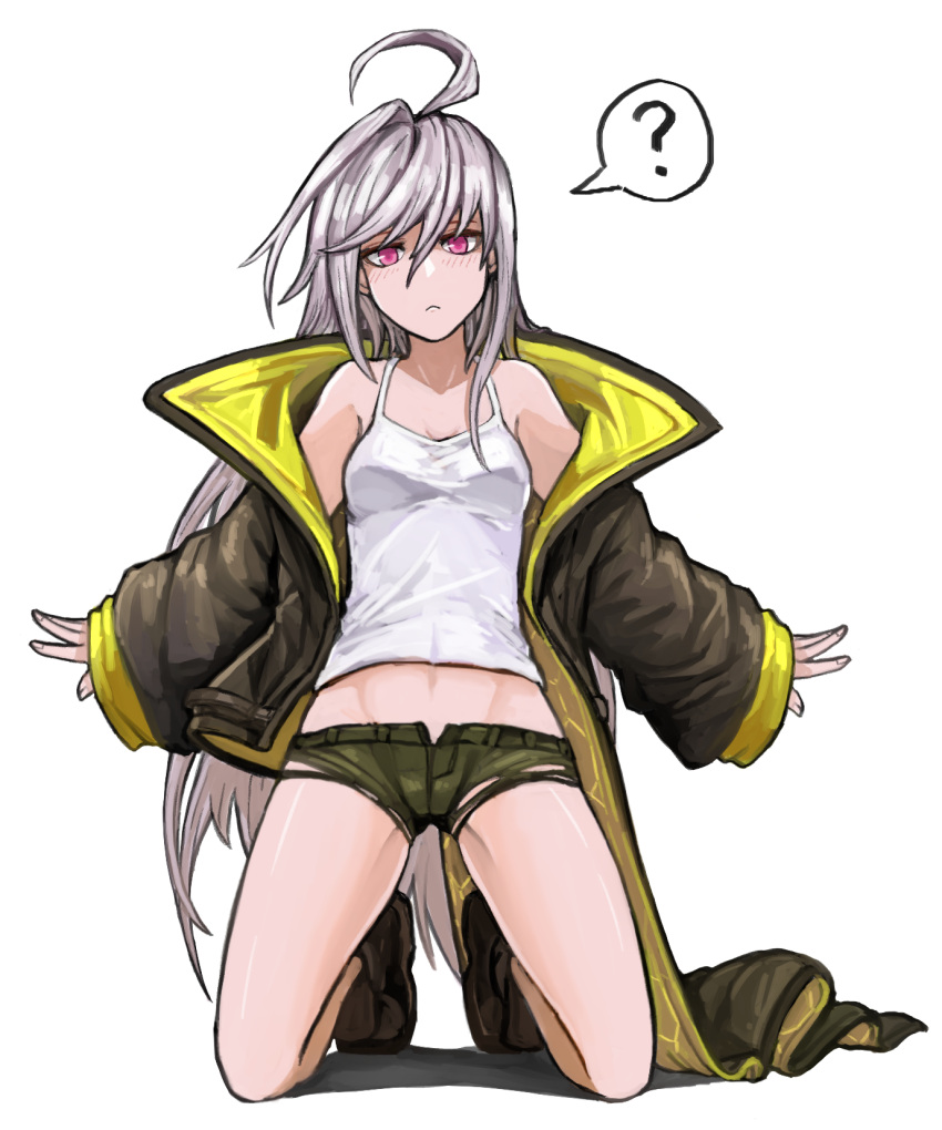 1girl ? bangs full_body hair_between_eyes highres jacket last_origin long_hair looking_at_viewer midriff navel pink_eyes short_shorts shorts solo spoken_question_mark tank_top user_zyzu3435 very_long_hair white_hair x-05_emily