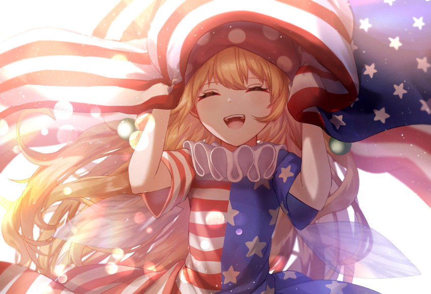 1girl american_flag american_flag_dress arms_up blonde_hair blurry bokeh closed_eyes clownpiece commentary_request depth_of_field facing_viewer fairy_wings flag hat highres holding holding_flag jester_cap light_particles long_hair mozuno_(mozya_7) neck_ruff open_mouth polka_dot_hat simple_background solo standing touhou upper_body upper_teeth very_long_hair white_background wings