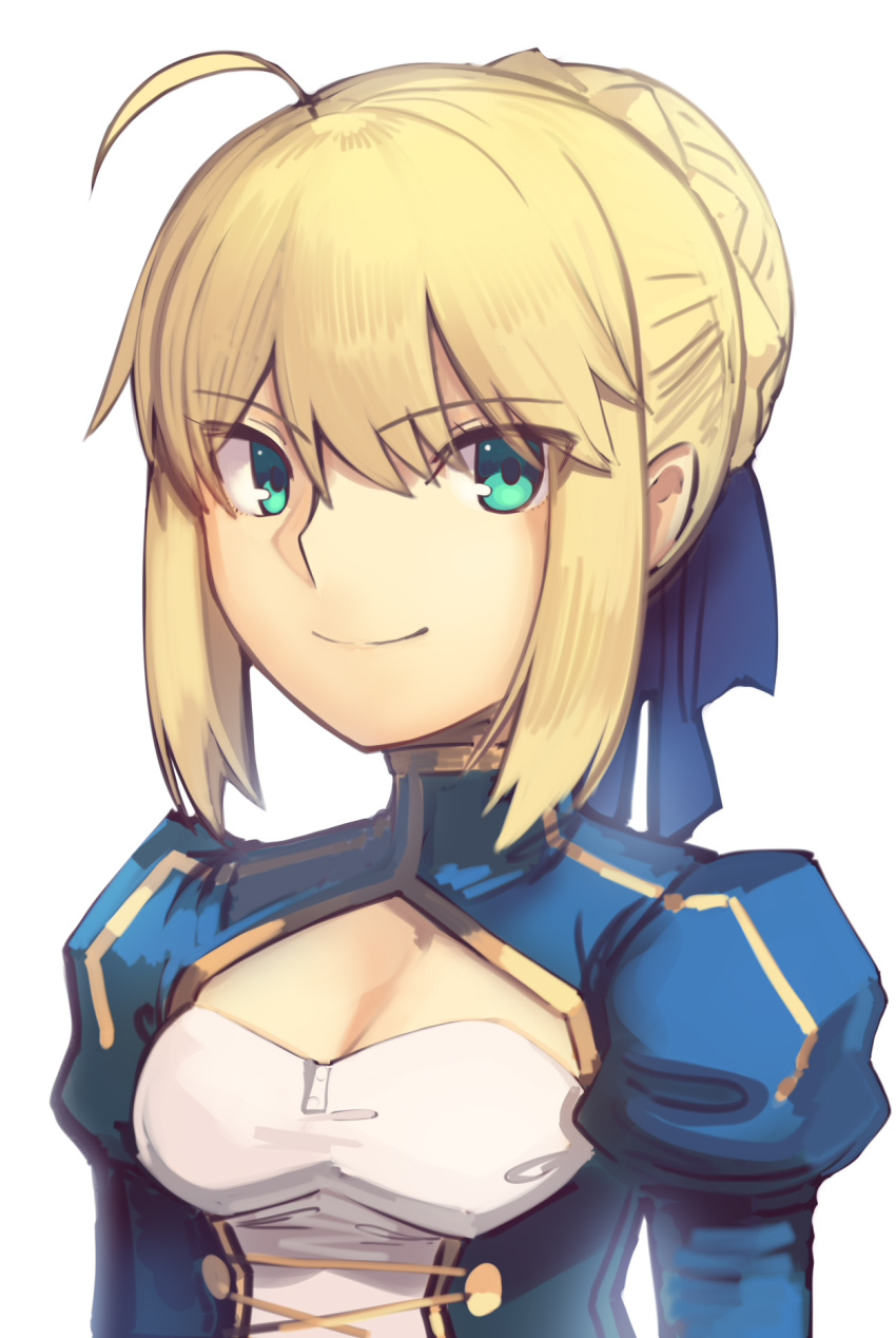 1girl ahoge artoria_pendragon_(all) bangs blonde_hair blue_dress boa_(brianoa) braid braided_bun breasts cleavage_cutout closed_mouth dress eyebrows_visible_through_hair fate/stay_night fate_(series) green_eyes hair_between_eyes hair_bun highres juliet_sleeves long_sleeves looking_at_viewer puffy_sleeves saber sidelocks simple_background small_breasts smile solo upper_body white_background