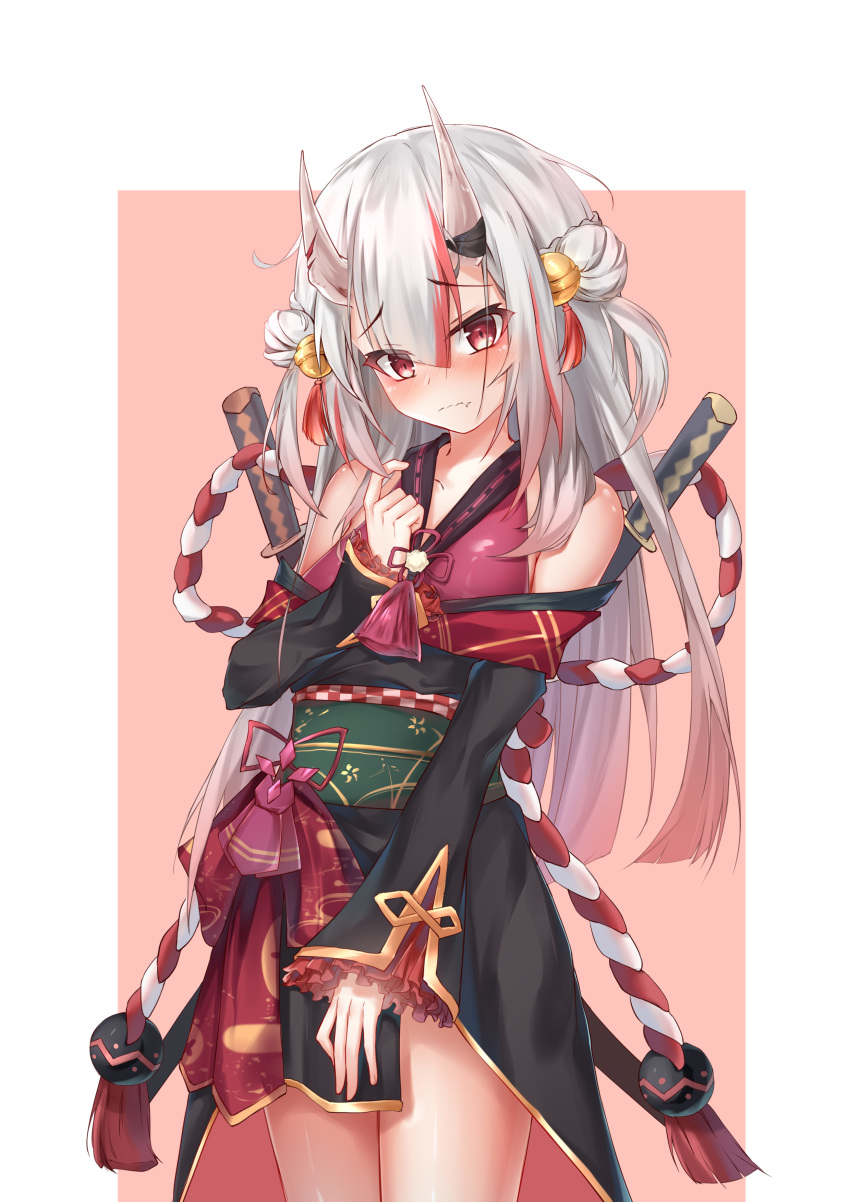 1girl absurdres bell blush breasts commentary_request hair_ornament highres hololive japanese_clothes long_hair nakiri_ayame oni_horns qinshi-ji red_eyes sheath sheathed silver_hair simple_background small_breasts solo virtual_youtuber weapon