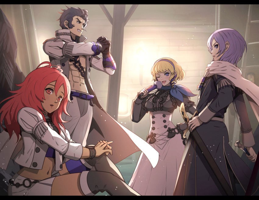 2boys 2girls abs balthus_(fire_emblem) belt black_eyes black_footwear black_hair blonde_hair blue_legwear boots bracelet breasts chain clenched_hand coat constance_von_nuvelle cropped_jacket dark_skin drill_hair fan fire_emblem fire_emblem:_three_houses folding_fan garreg_mach_monastery_uniform gauntlets gonzarez hair_slicked_back hairband hand_on_hip hand_on_own_knee hapi_(fire_emblem) high-waist_skirt indoors jacket jewelry light_particles long_hair long_sleeves looking_at_viewer medium_breasts midriff miniskirt multicolored_hair multiple_boys multiple_girls muscle navel one_eye_closed open_clothes open_coat open_mouth pants parted_lips profile purple_hair red_eyes redhead scabbard scarf sheath sheathed short_hair side_drill single_thighhigh sitting skirt standing sword thigh-highs thigh_boots thighhighs_under_boots two-tone_hair violet_eyes weapon white_coat white_jacket white_pants white_skirt yuri_(fire_emblem) zettai_ryouiki