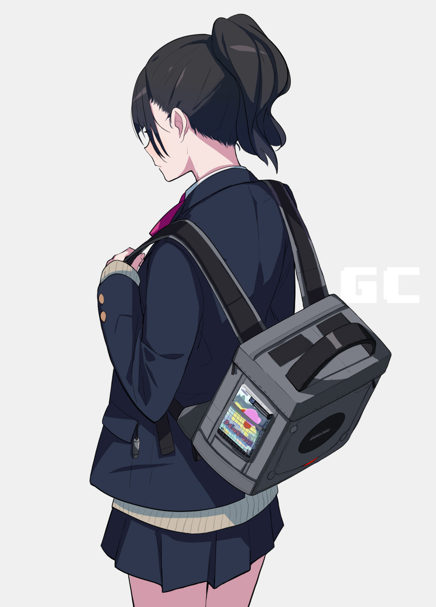 1girl absurdres back backpack bag beige_sweater black_hair blazer blue_background blush book cable character_print commentary_request covered_eyes cowboy_shot fami_(yellow_skies) game_console game_cover gamecube gamecube_controller grey_backpack hal_laboratory_inc. highres holding holding_bag hoshi_no_kirby in_pocket jacket kirby kirby_(series) kirby_air_ride kirby_no_ea_raido long_hair neck_ribbon nintendo original original_character pink_neckwear pleated_skirt ponytail ribbon school_uniform shiny shiny_hair simple_background skirt sleeves_past_wrists sweater