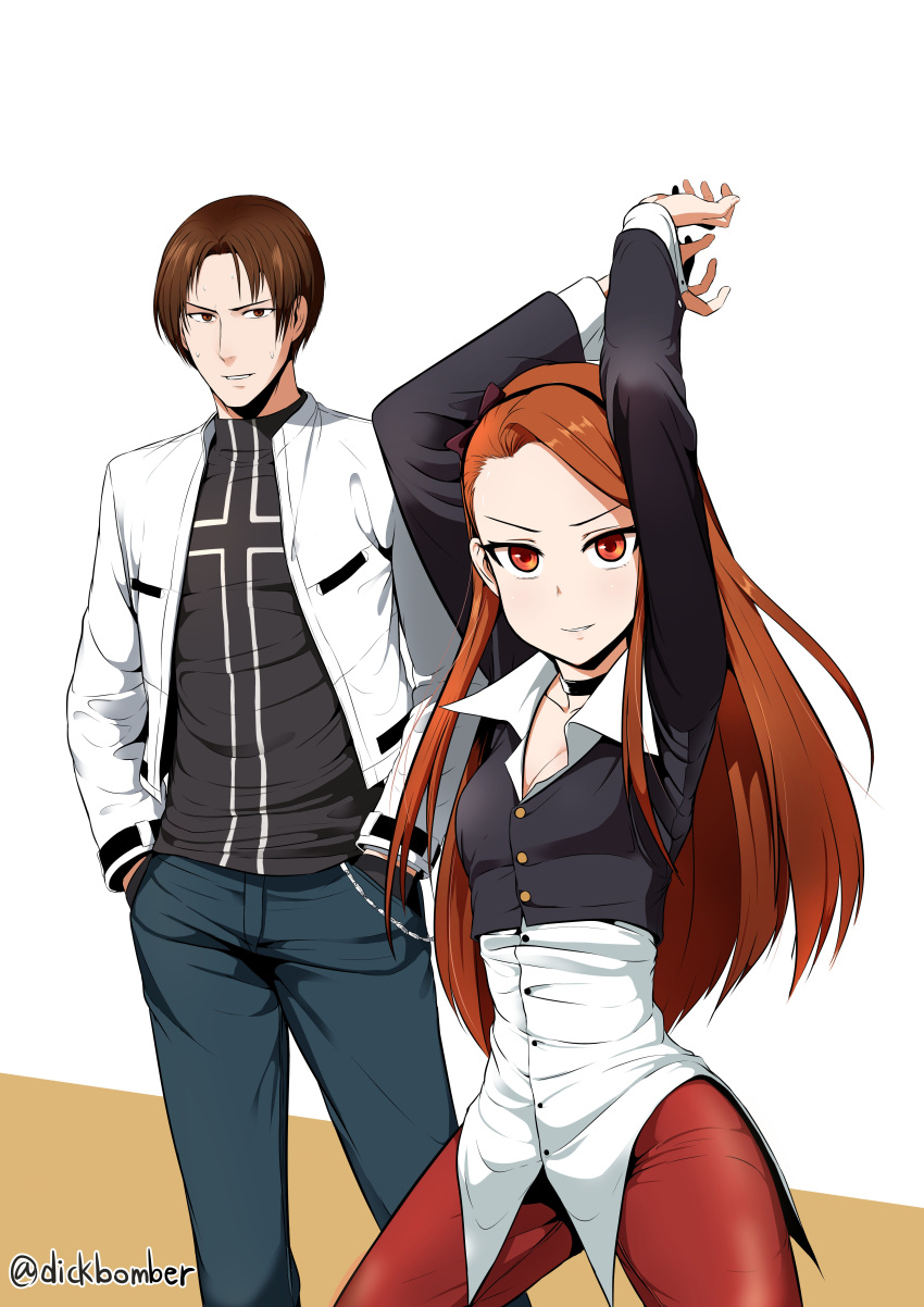 1boy 1girl absurdres brown_hair cosplay crossover forehead hairband highres idolmaster idolmaster_(classic) jacket kusanagi_kyou leewh1515 long_hair looking_at_viewer minase_iori namesake pants pose simple_background sweatdrop the_king_of_fighters twitter_username white_background yagami_iori yagami_iori_(cosplay)