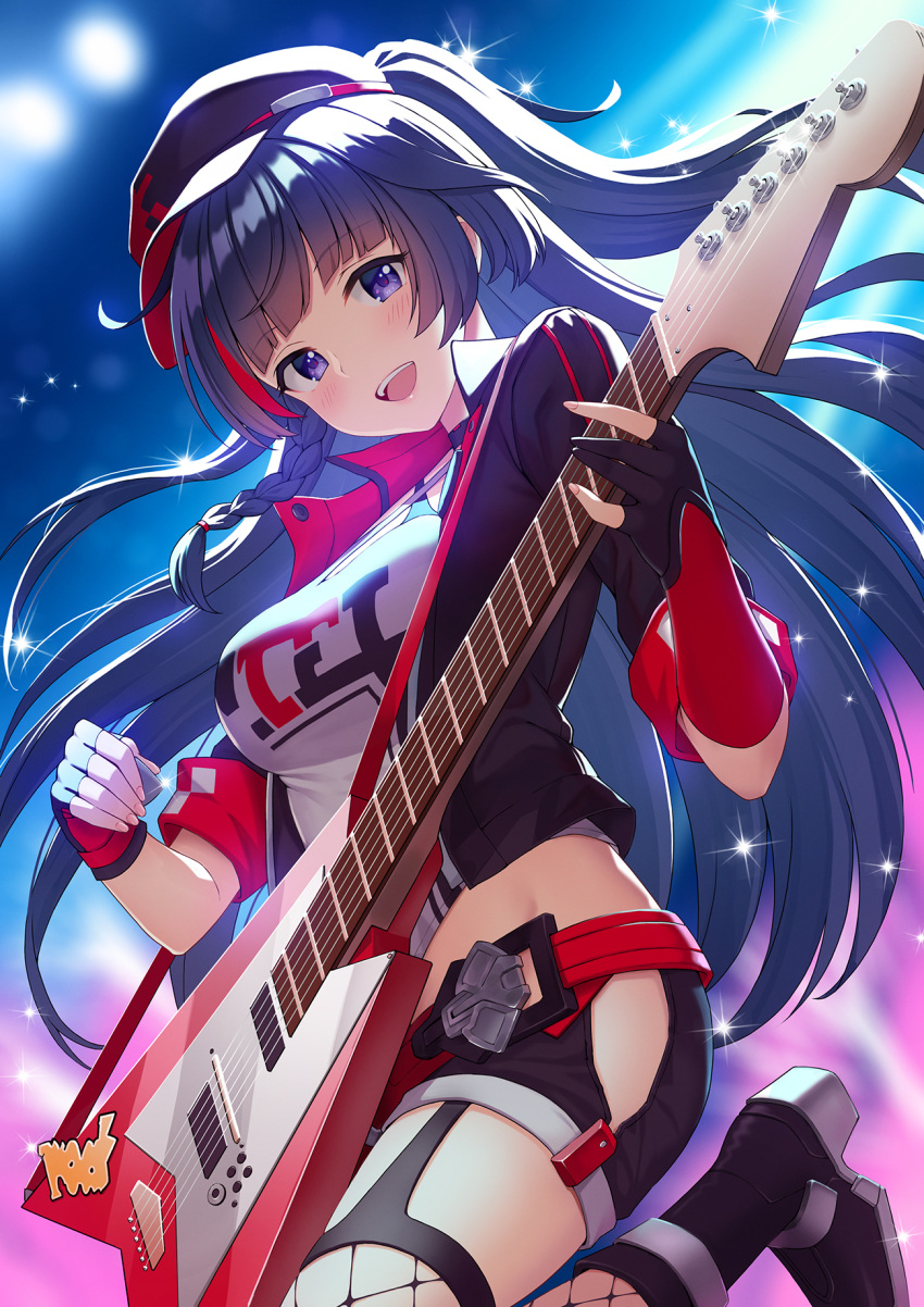 1girl :d black_gloves black_hair black_jacket black_shorts braid breasts cabbie_hat commentary_request cropped_jacket electric_guitar fishnet_legwear fishnets fukuro_ko_(greentea) gloves guitar hat highres hip_vent holding holding_instrument honkai_(series) honkai_impact_3rd instrument jacket leg_up long_hair looking_at_viewer medium_breasts midriff open_clothes open_jacket open_mouth partly_fingerless_gloves raiden_mei shirt shoes short_shorts short_sleeves shorts smile solo two_side_up very_long_hair violet_eyes white_shirt