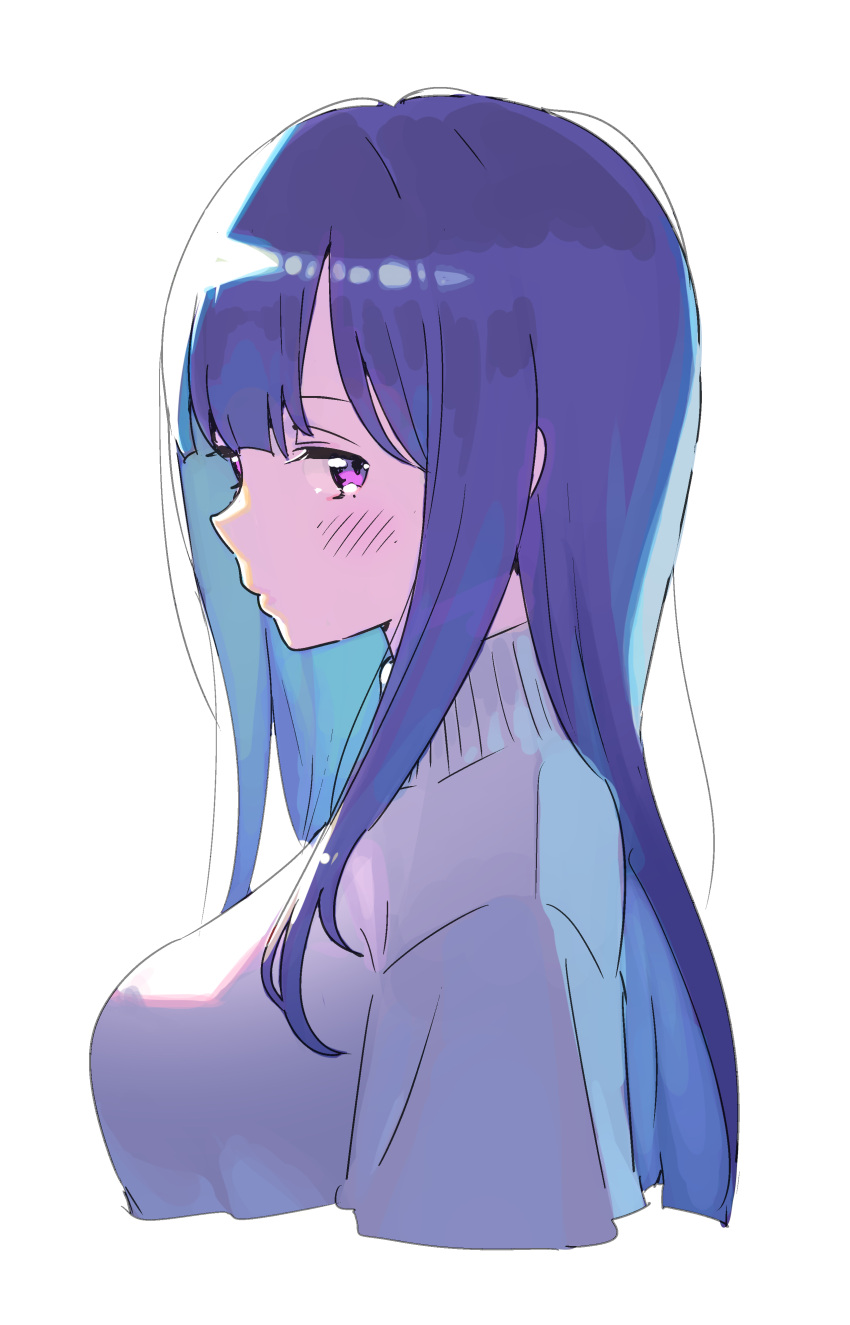 1girl absurdres blue_hair blush breasts closed_mouth cropped_torso from_side grey_sweater highres large_breasts long_hair looking_at_viewer nagisa_kurousagi original simple_background solo sweater violet_eyes white_background