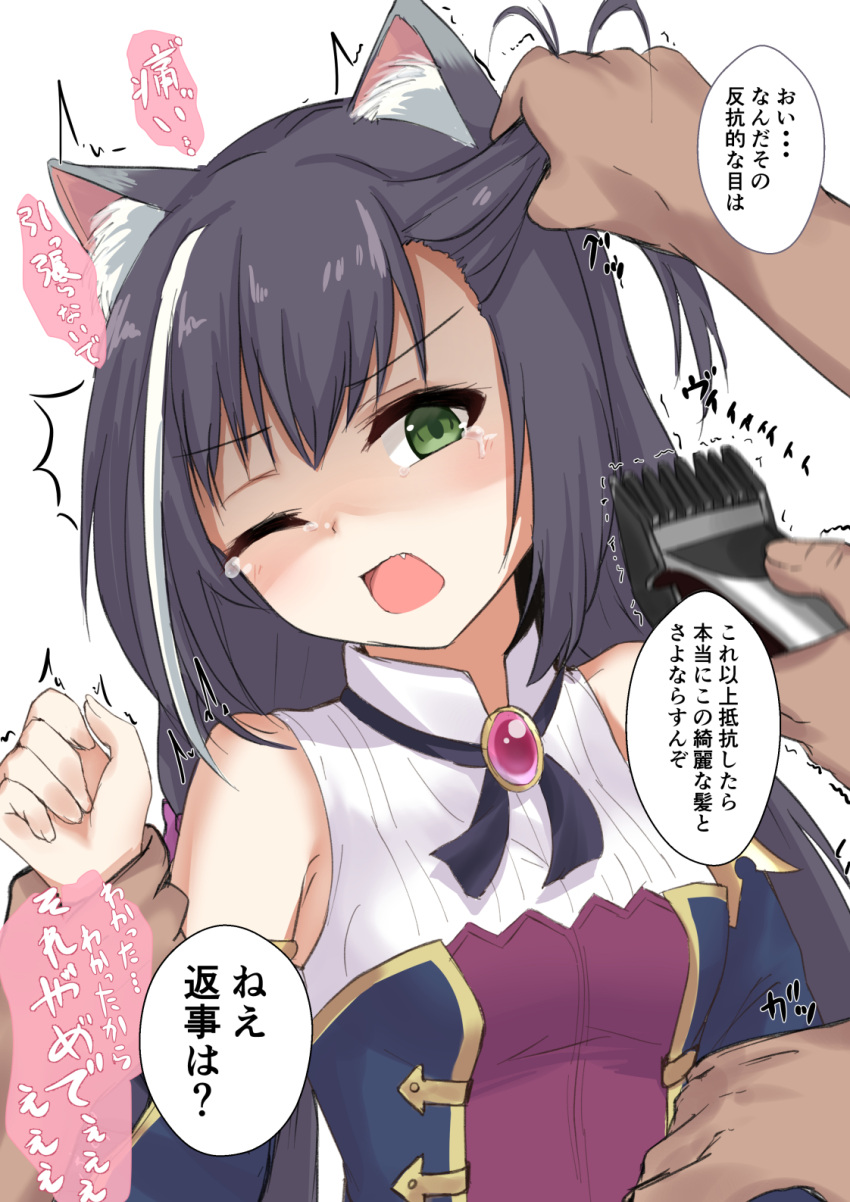 1girl animal_ear_fluff animal_ears arm_grab black_hair bullying cat_ears commentary_request detached_sleeves electric_razor fang green_eyes hair_grab hands highres kyaru_(princess_connect) long_hair multicolored_hair one_eye_closed princess_connect! princess_connect!_re:dive rokosu_(isibasi403) sleeveless streaked_hair tears translation_request