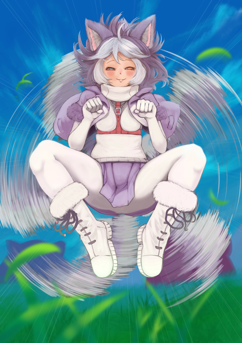 1girl absurdres afterimage animal_ears blue_eyes bodystocking boots commentary_request day dog_(mixed_breed)_(kemono_friends) dog_ears dog_girl dog_tail emphasis_lines floating_hair full_body fur-trimmed_sleeves fur_trim gakukuru grass grey_hair half-closed_eyes hands_up harness heterochromia highres jacket kemono_friends knees_up lips looking_at_viewer medium_hair microskirt midair motion_blur multicolored_hair open_clothes open_jacket orange_eyes outdoors pantyhose parted_lips paw_pose short_sleeves skirt smile solo spread_legs sweater_vest tail tail_wagging two-tone_hair white_hair