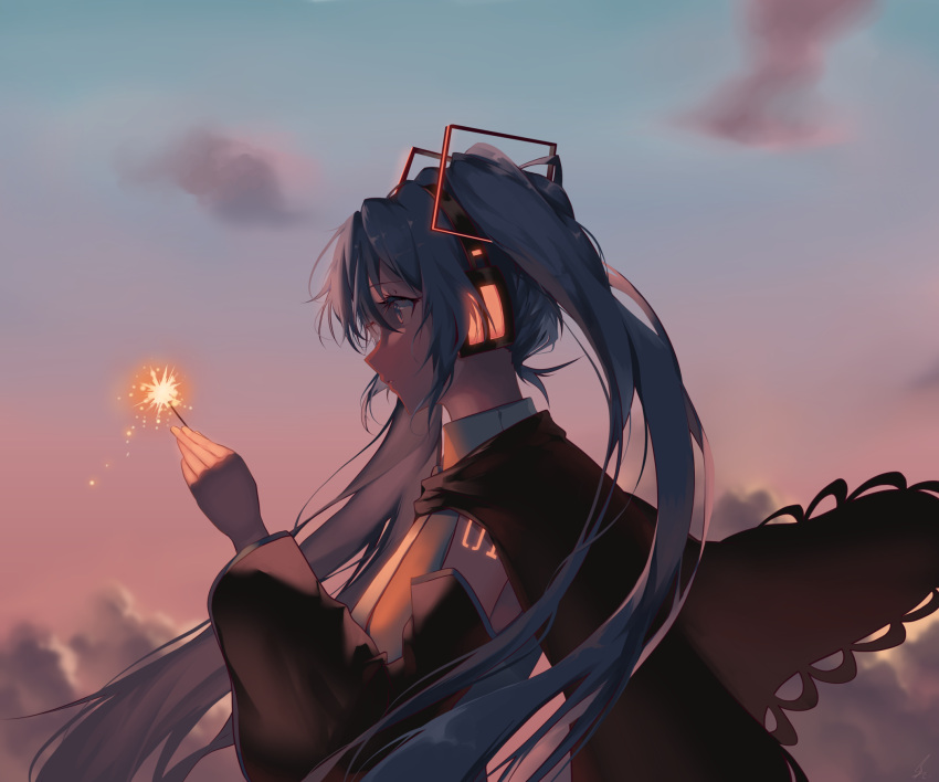 1girl black_cloak black_sleeves blue_eyes blue_hair blue_sky cloak clouds collared_shirt commentary_request detached_sleeves fireworks glowing hair_ornament hatsune_miku headphones highres holding long_hair long_sleeves looking_away outdoors parted_lips profile puffy_long_sleeves puffy_sleeves saihate_(d3) senkou_hanabi shirt sky solo sparkler sunset twintails upper_body very_long_hair vocaloid white_shirt