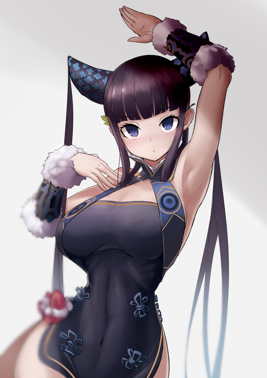 1girl absurdres arm_up armpits bangs bare_shoulders black_dress blue_eyes blunt_bangs breasts china_dress chinese_clothes covered_navel cowboy_shot double_bun dress fate/grand_order fate_(series) hair_ornament highres impossible_clothes impossible_dress large_breasts leaf_hair_ornament long_hair looking_at_viewer purple_hair short_dress solo sowel_(sk3) twintails very_long_hair yang_guifei_(fate/grand_order)