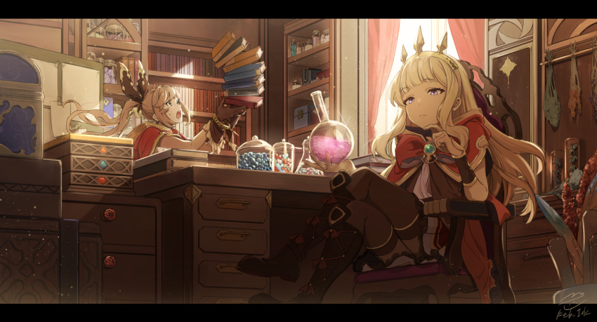 2girls :o armchair bangs blonde_hair blunt_bangs book book_stack bookshelf boots bored bow bracelet bracer brooch brown_gloves brown_hair cagliostro_(granblue_fantasy) capelet chair clarisse_(granblue_fantasy) cross-laced_footwear crossed_legs curtains desk dropping dust_particles feb_itk from_below gloves granblue_fantasy hair_ribbon hairband headband herb_bundle indoors jar jewelry knee_boots letterboxed light_brown_hair light_frown light_particles long_hair looking_at_viewer multiple_girls open_mouth ponytail potion ribbon round-bottom_flask signature sitting spiked_hairband spikes study_(room) sweatdrop thigh-highs tiara treasure_chest violet_eyes window