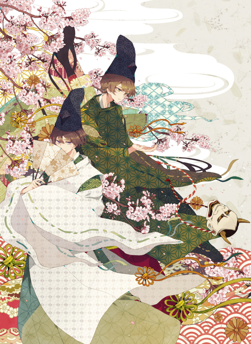 2boys branch brown_hair cherry_blossoms closed_mouth fan folding_fan green_eyes hat highres holding japanese_clothes long_sleeves looking_at_viewer multiple_boys oni_mask original satsuki_(miicat) tate_eboshi wide_sleeves