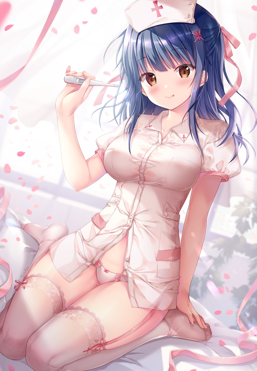 1girl :q blue_hair breasts brown_eyes buttons collared_shirt commentary_request dress_shirt garter_straps hair_ornament hair_ribbon half_updo hand_up hat highres holding large_breasts long_hair looking_at_viewer nanami_yuuno no_pants no_shoes nurse nurse_cap original panties partially_unbuttoned petals ribbon shirt short_sleeves sitting smile solo sousouman thermometer thigh-highs tongue tongue_out underwear wariza white_legwear white_panties white_shirt