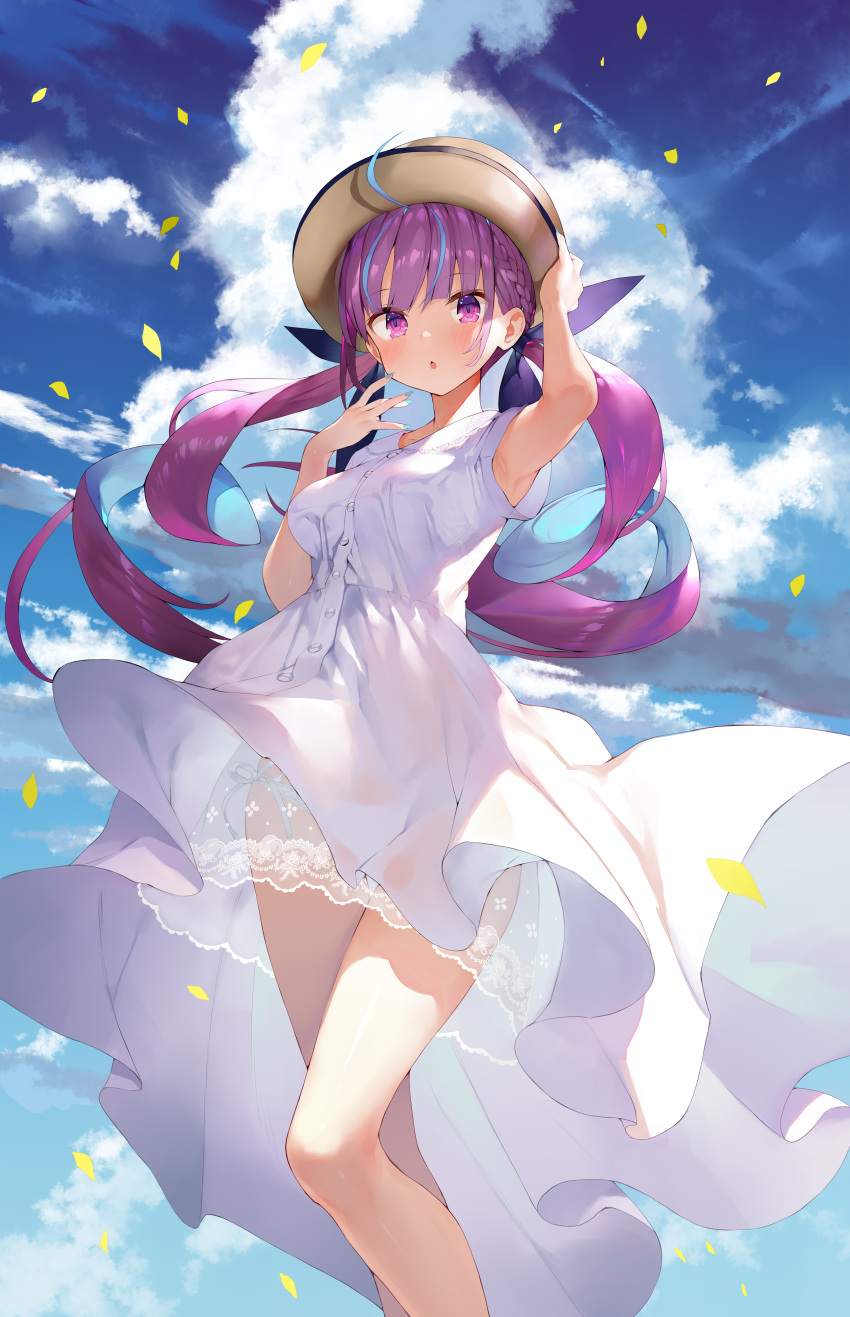 :o absurdres bangs blue_hair blue_sky braid breasts clouds day dress eyebrows_visible_through_hair hair_ribbon hand_on_own_head hand_to_own_mouth hat highres hololive legs matsui_hiroaki minato_aqua multicolored_hair open_mouth outdoors panties petals purple_hair ribbon see-through sky sun_hat sundress two-tone_hair underwear violet_eyes white_panties