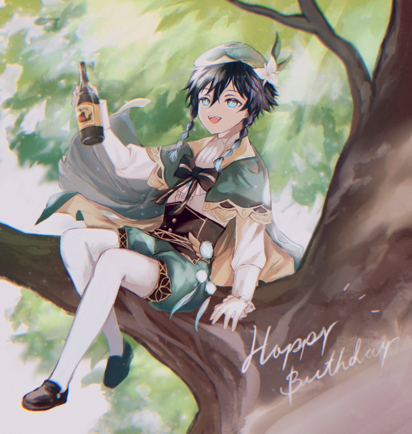 1boy androgynous bangs beret black_hair blue_hair bottle bow braid brooch cape collared_cape collared_shirt commentary_request corset english_text feathers flower frilled_sleeves frills genshin_impact gradient_hair green_eyes green_headwear green_shorts happy_birthday hat hat_flower highres holding holding_bottle in_tree jewelry leaf long_sleeves looking_at_viewer male_focus multicolored_hair notice_lines open_mouth pantyhose shirt shoes short_hair_with_long_locks shorts sitting sitting_in_tree smile solo teteno_6 tree tree_branch twin_braids venti_(genshin_impact) vision_(genshin_impact) white_flower white_legwear white_shirt wine_bottle