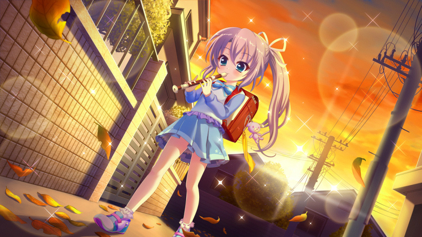1girl aged_down animal_keychain autumn_leaves backpack bag blue_bow blue_bowtie blue_eyes blue_skirt blue_sleeves bow bowtie child dot_nose dress dutch_angle evening film_grain frilled_dress frills from_below game_cg gate hair_ribbon high_ponytail house instrument izumi_tsubasu keychain lens_flare long_sleeves music non-web_source official_art outdoors pink_footwear playing_instrument purple_hair randoseru re:stage! recorder red_bag ribbon skirt smile solo sparkle tree tsukisaka_sayu utility_pole walking white_dress yellow_ribbon