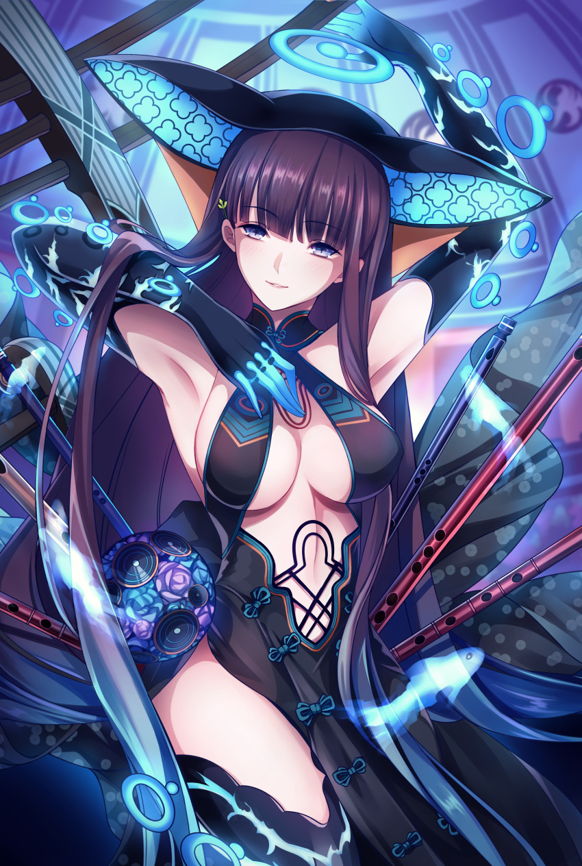 1girl absurdres armpits arms_up artist_request bangs bare_shoulders black_dress black_gloves black_headwear black_legwear blue_eyes blue_fire blunt_bangs breasts center_opening dress elbow_gloves fate/grand_order fate_(series) fire fish flute gloves hair_ornament highres instrument large_breasts leaf_hair_ornament long_hair looking_at_viewer pipa_(instrument) purple_hair sash smile solo thigh-highs thighs very_long_hair yang_guifei_(fate/grand_order)