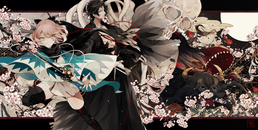 1boy 1girl abs absurdres bangs black_bow black_gloves black_legwear black_scarf bow branch bridal_gauntlets cherry_blossoms commentary_request fate/grand_order fate_(series) fine_art_parody gloves hair_bow haori highres hijikata_toshizou_(fate/grand_order) holding holding_sword holding_weapon japanese_clothes katana letterboxed long_sleeves looking_at_viewer okita_souji_(fate) okita_souji_(fate)_(all) parody parted_lips pink_hair robe satsuki_(miicat) scarf signature skull sword thigh-highs toeless_legwear toenails ushi-oni weapon wide_sleeves yellow_eyes