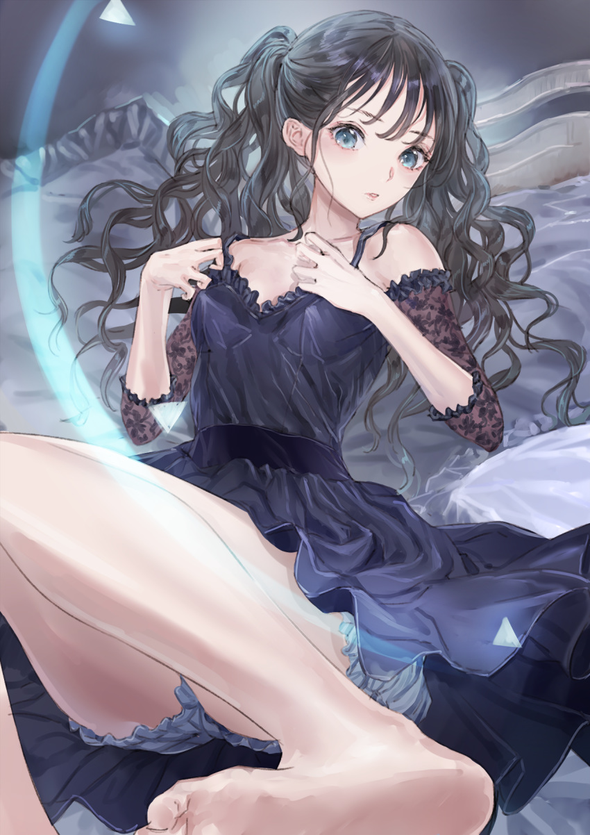 1girl bare_legs bare_shoulders barefoot black_dress black_hair bloomers blue_eyes collarbone dress frilled_dress frills highres kishida_mel long_hair looking_at_viewer on_bed original sleeves_past_elbows solo spaghetti_strap twintails underwear