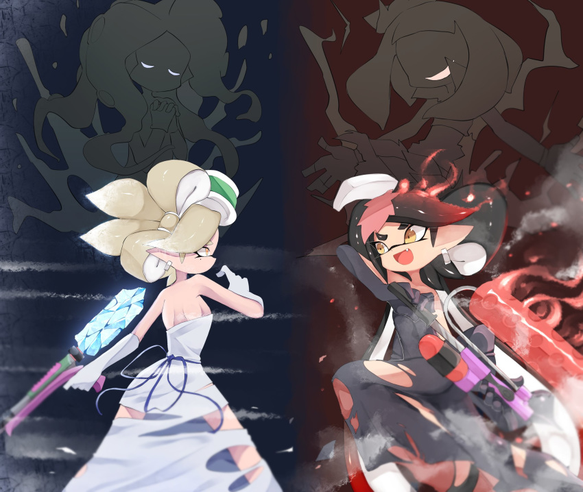 2girls aori_(splatoon) back bare_shoulders black_dress black_gloves black_hair brown_eyes closed_eyes commentary cousins domino_mask dress earrings elbow_on_knee evil_grin evil_smile fang fighting fire flame gloves gradient_hair grey_hair grin gun hairband highres hime_(splatoon) holding holding_gun holding_weapon hotaru_(splatoon) ice iida_(splatoon) jewelry long_dress long_hair mask multicolored_hair multiple_girls open_mouth pointy_ears praying redhead shoulder_blades silhouette smile smoke splat_charger_(splatoon) splat_roller_(splatoon) splatoon_(series) strapless strapless_dress sukeo_(nunswa08) tentacle_hair torn_clothes torn_dress very_long_hair weapon white_dress white_gloves white_hairband