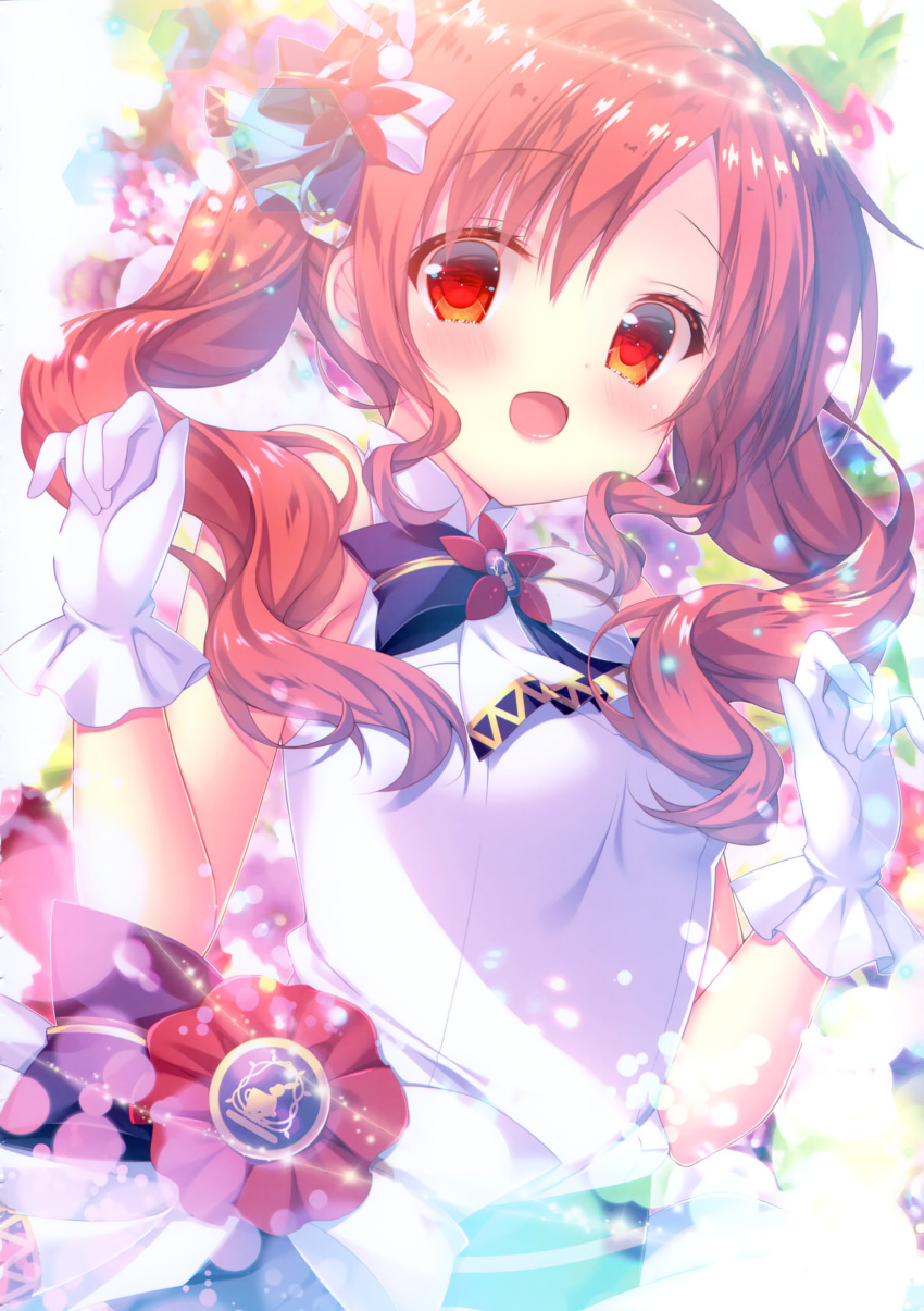 1girl :d absurdres bangs blush dress eyebrows_visible_through_hair floating_hair gloves gochuumon_wa_usagi_desu_ka? hair_between_eyes highres long_hair looking_at_viewer mitsumomo_mamu natsu_megumi open_mouth red_eyes redhead shiny shiny_hair sleeveless sleeveless_dress smile solo twintails upper_body very_long_hair white_background white_dress white_gloves