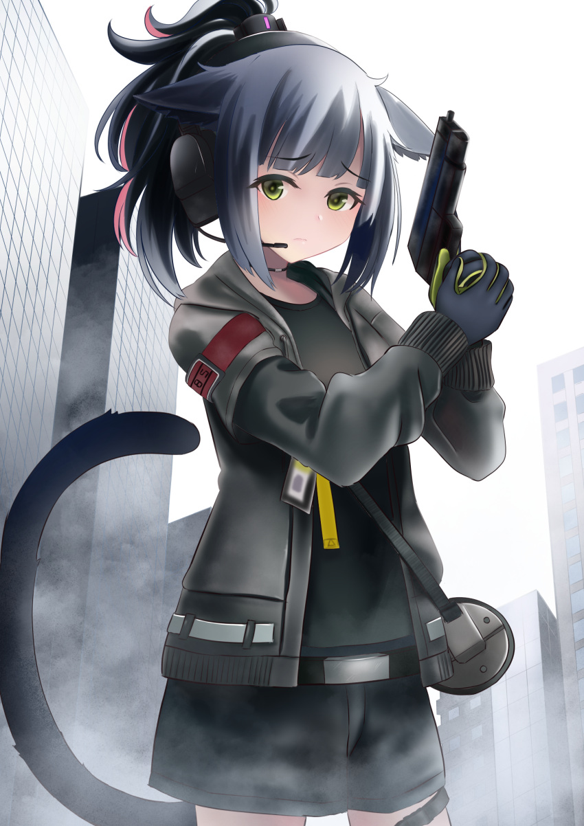 1girl animal_ears arknights bag bangs belt black_belt black_gloves black_hair black_shirt black_shorts blunt_bangs blush building cat_ears cat_tail choker commentary_request cowboy_shot drawstring ear_protection eyebrows_visible_through_hair finger_on_trigger fog furrowed_eyebrows gloves green_eyes grey_jacket gun handgun high_ponytail highres holding holding_gun holding_weapon hood hooded_jacket id_card jacket jessica_(arknights) john_manjirou_(love-love-happy21) light_frown long_sleeves looking_at_viewer multicolored_hair open_clothes open_jacket pistol ponytail redhead shirt shorts shoulder_bag sidelocks skyscraper solo standing streaked_hair tail tail_raised thigh_strap weapon white_sky