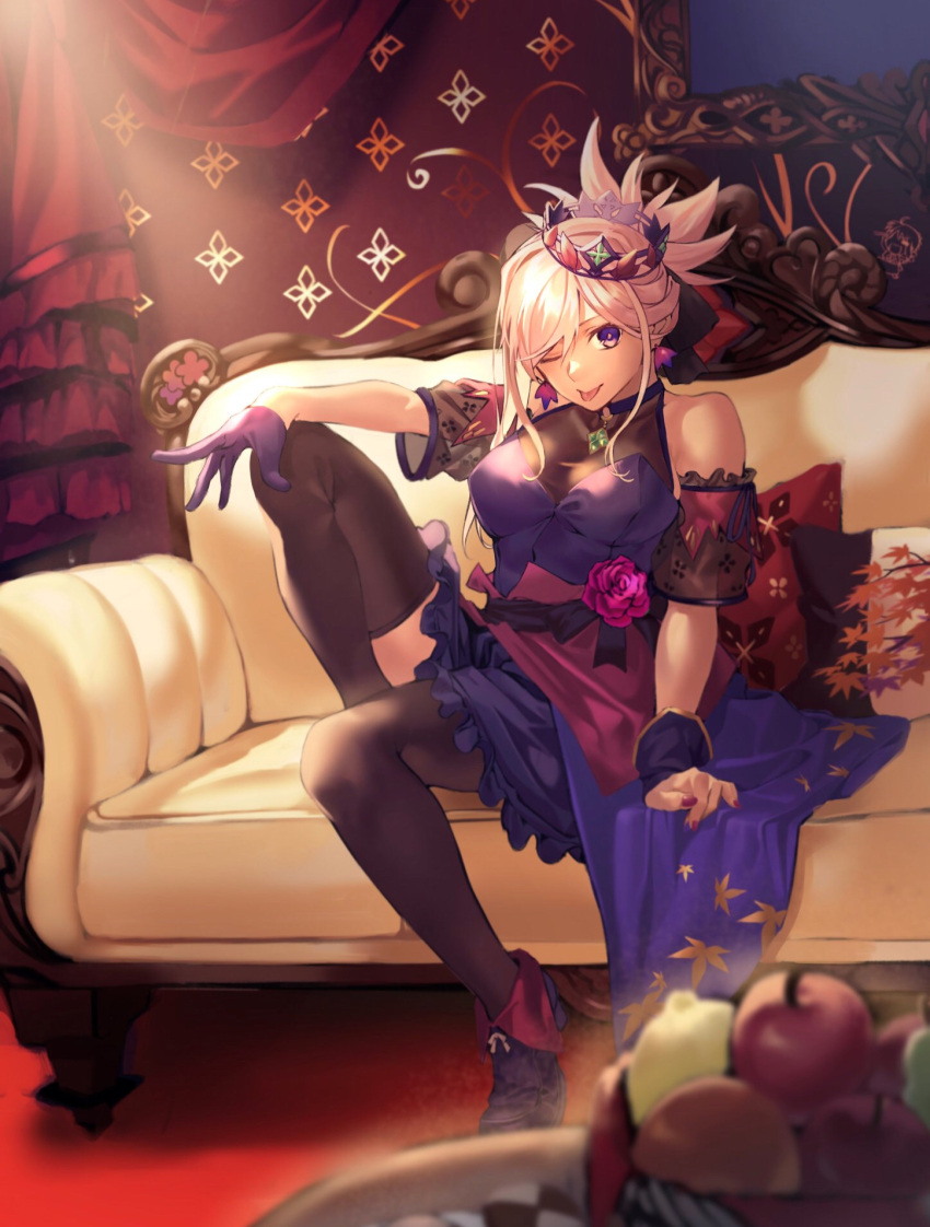 1girl asymmetrical_hair bare_shoulders black_legwear blue_dress blue_eyes breasts commentary crown dress earrings fate/grand_order fate_(series) flower flower_ornament food fruit gloves hair_ornament highres hiro_(hirohiro_gorira) indoors jewelry large_breasts long_hair looking_at_viewer miyamoto_musashi_(fate/grand_order) nail_polish one_eye_closed pink_hair ponytail rose single_glove solo tongue tongue_out