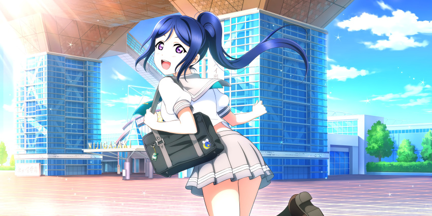 blue_hair long_hair love_live!_school_idol_festival_all_stars matsuura_kanan ponytail school_uniform smile violet_eyes