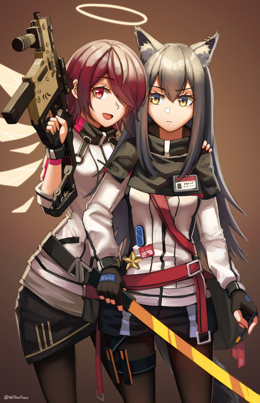 2girls :d absurdres animal_ear_fluff animal_ears arknights bangs black_gloves black_hair black_shorts black_skirt brown_background brown_legwear character_name closed_mouth commentary_request detached_wings ear_piercing exusiai_(arknights) eyebrows_visible_through_hair fingerless_gloves gloves gun hair_between_eyes hair_over_one_eye halo highres holding holding_gun holding_sword holding_weapon jacket kriss_vector legwear_under_shorts long_sleeves looking_at_viewer multiple_girls ndtwofives open_mouth pantyhose piercing red_eyes redhead short_shorts shorts skirt smile submachine_gun sword texas_(arknights) twitter_username weapon white_jacket wings yellow_eyes