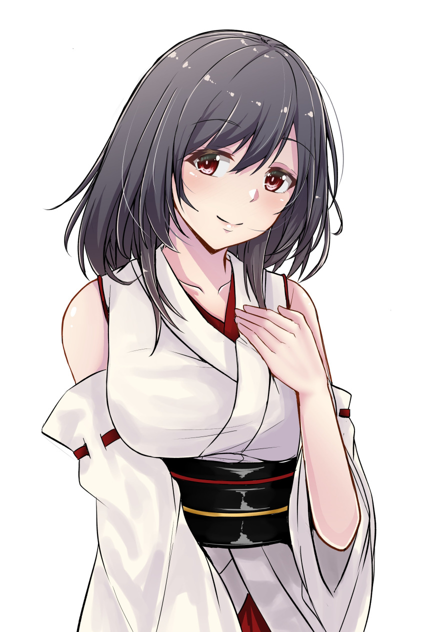 1girl absurdres black_hair commentary_request detached_sleeves hand_on_own_chest highres japanese_clothes kantai_collection looking_at_viewer red_eyes shohei_(piranha5hk) short_hair simple_background smile solo white_background wide_sleeves yamashiro_(kantai_collection)
