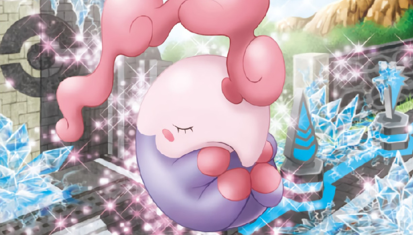 closed_eyes creature day eyelashes floating full_body gen_5_pokemon himeno_kagemaru musharna no_humans official_art outdoors pokemon pokemon_(creature) pokemon_trading_card_game sleeping solo third-party_source