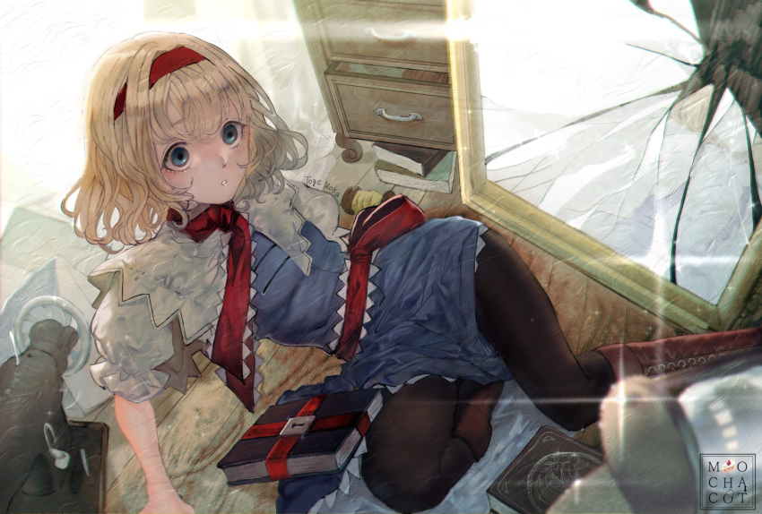 1girl alice_margatroid artist_name bangs black_legwear blonde_hair blue_dress blue_eyes book boots brown_footwear capelet commentary_request drawer dress feet_out_of_frame grimoire_of_alice hairband knee_boots mochacot pantyhose parted_lips partial_commentary puffy_short_sleeves puffy_sleeves red_hairband shirt short_dress short_hair short_sleeves solo thighs touhou white_capelet white_shirt