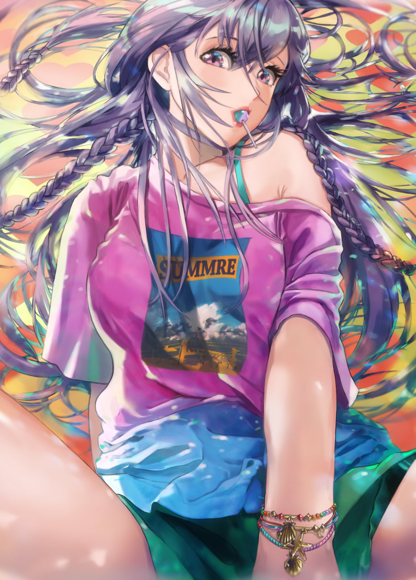 1girl absurdres bare_shoulders bra_strap bracelet braid candy food gradient_shirt highres jewelry lollipop long_hair mouth_hold off-shoulder_shirt off_shoulder original purple_hair shirt shorts solo spread_legs summer twin_braids violet_eyes yurian_(user_utch8788)