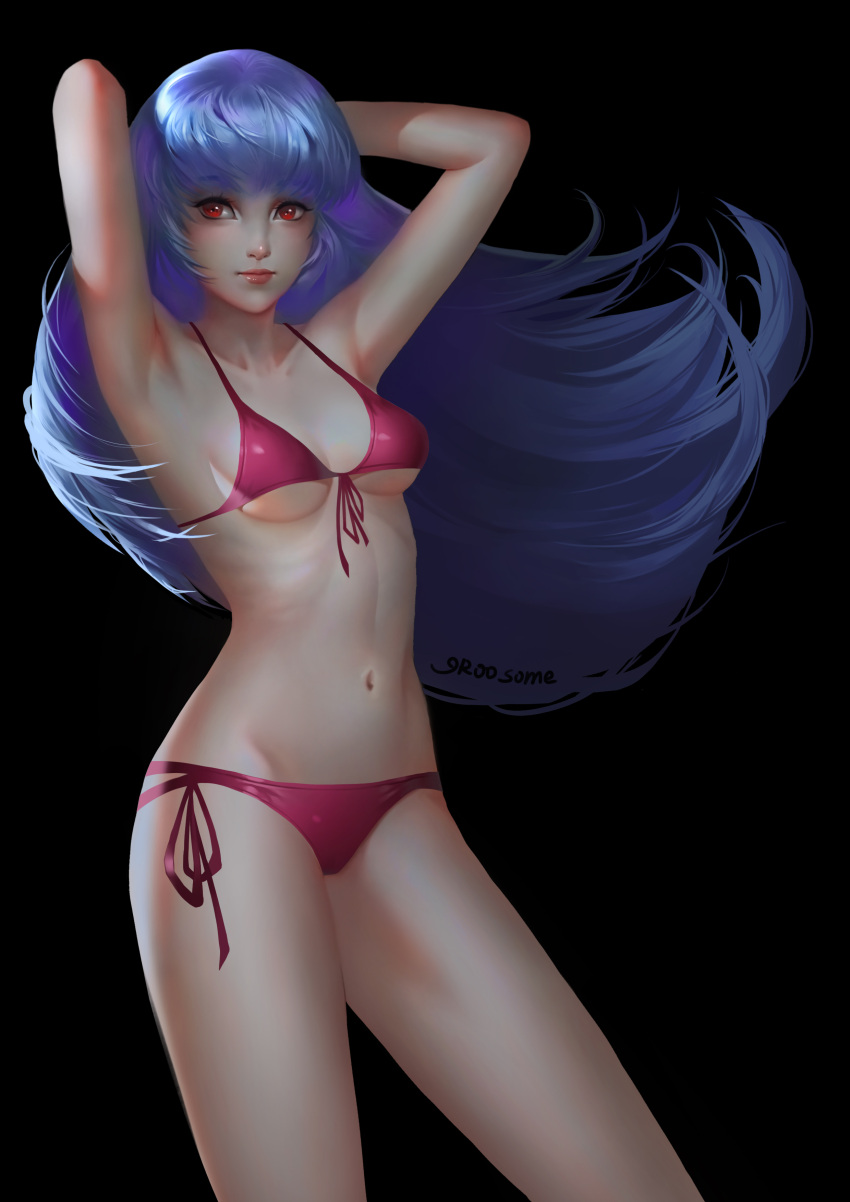 1girl absurdres blue_hair breasts closed_mouth highres kula_diamond long_hair looking_at_viewer oroo red_eyes simple_background solo swimsuit the_king_of_fighters the_king_of_fighters_2000