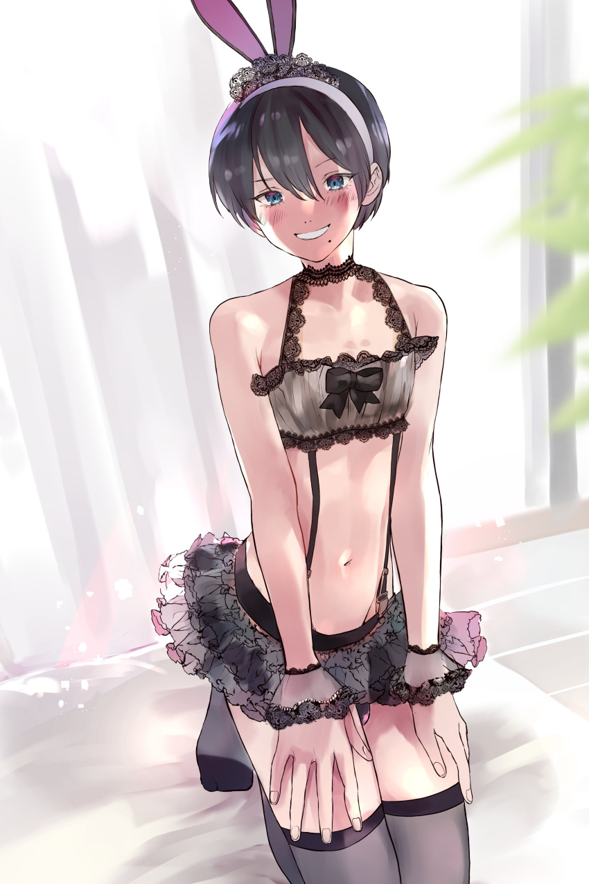 1boy absurdres animal_ears bandeau black_hair blue_eyes blush bow cuffs eyebrows_visible_through_hair fake_animal_ears frilled_skirt frills hairband highres kuromame0000000 lingerie navel original short_hair skirt smile thigh-highs underwear