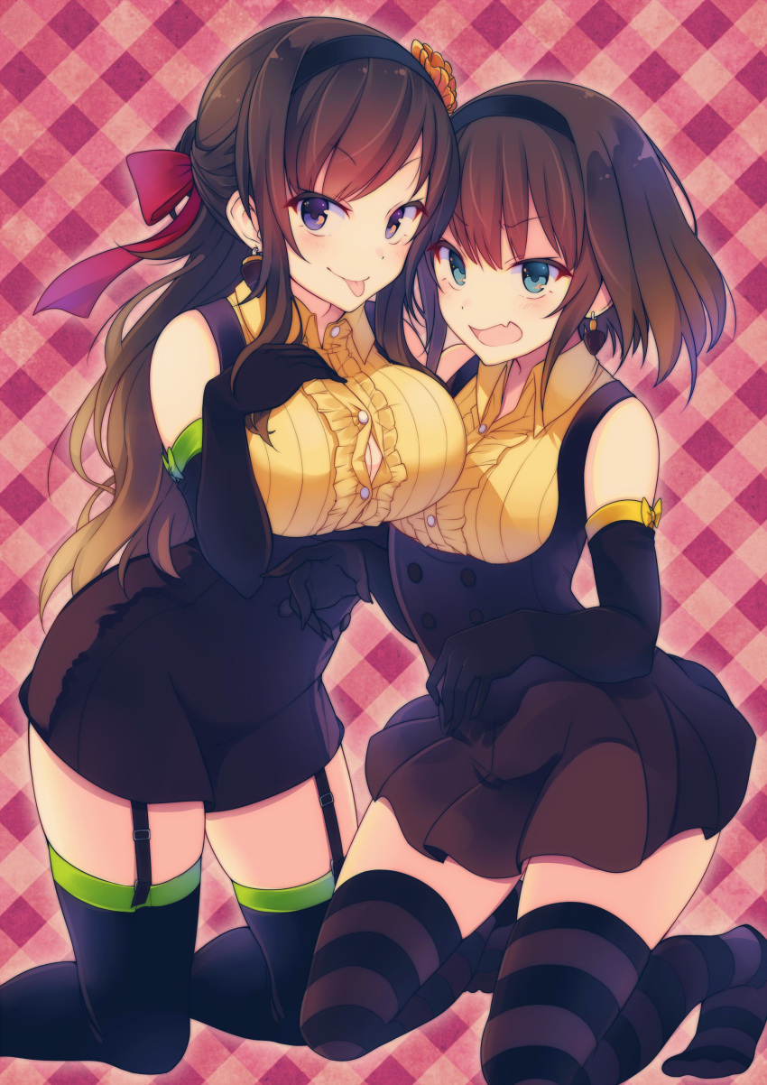 2girls :p absurdres bangs black_gloves black_hairband black_legwear black_skirt blue_eyes blush brown_hair collared_shirt copyright_request elbow_gloves embarrassed eyebrows_visible_through_hair fang flower garter_straps gloves hair_flower hair_ornament hair_ribbon hairband highres kneeling long_hair looking_at_viewer matsunoki_(unknown_751) multiple_girls no_shoes open_mouth pleated_skirt ponytail red_ribbon ribbon shirt short_hair skin_fang skirt smile striped striped_legwear thigh-highs tongue tongue_out violet_eyes wing_collar yellow_shirt