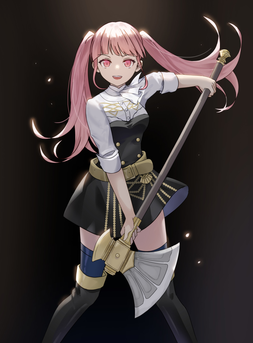 1girl absurdres axe belt black_background black_footwear black_skirt blue_legwear boots breasts coletta_(colet_colettia) cowboy_shot eyebrows_visible_through_hair fire_emblem fire_emblem:_three_houses floating_hair garreg_mach_monastery_uniform high-waist_skirt highres hilda_valentine_goneril light looking_at_viewer medium_breasts neckerchief open_mouth pink_eyes pink_hair short_hair_with_long_locks simple_background skirt sleeves_rolled_up smile solo thigh-highs thigh_boots thighhighs_under_boots thighs twintails zettai_ryouiki