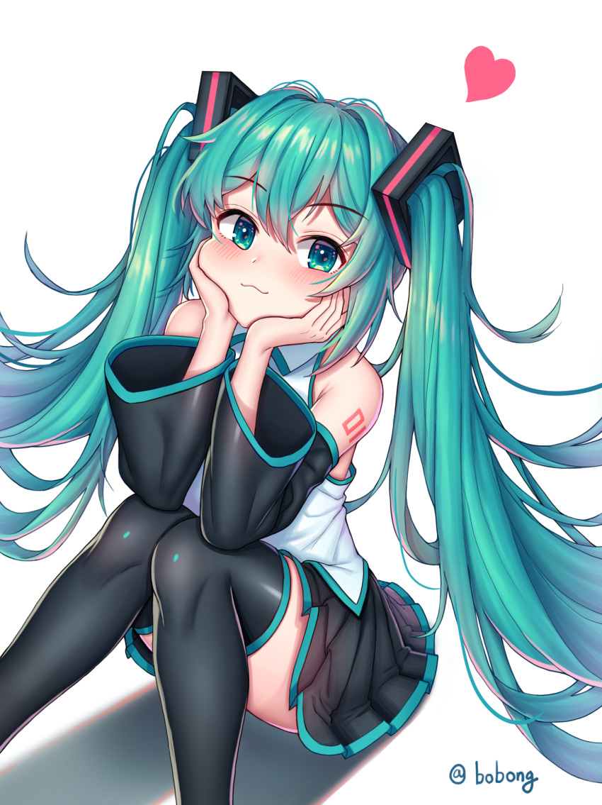 1girl :3 bare_shoulders black_legwear black_skirt black_sleeves blush closed_mouth commentary_request feet_out_of_frame glowing green_eyes green_hair hair_ornament hands_on_own_face hands_up hatsune_miku heart highres kk_(aky2374) knees_together_feet_apart knees_up long_hair looking_at_viewer pleated_skirt shadow shirt sitting skirt sleeveless sleeveless_shirt solo thigh-highs twintails twitter_username very_long_hair vocaloid white_background white_shirt wide_sleeves