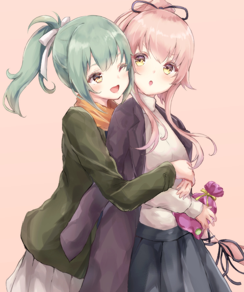 2girls absurdres alternate_costume blush brown_eyes green_hair green_jacket hair_flaps hair_ornament hair_ribbon highres hug hug_from_behind jacket kantai_collection long_hair looking_at_viewer multiple_girls one_eye_closed open_mouth pink_hair pleated_skirt ponytail purple_coat remodel_(kantai_collection) ribbon sa-ya2 side_ponytail skirt smile sweater very_long_hair white_sweater yura_(kantai_collection) yuubari_(kantai_collection)