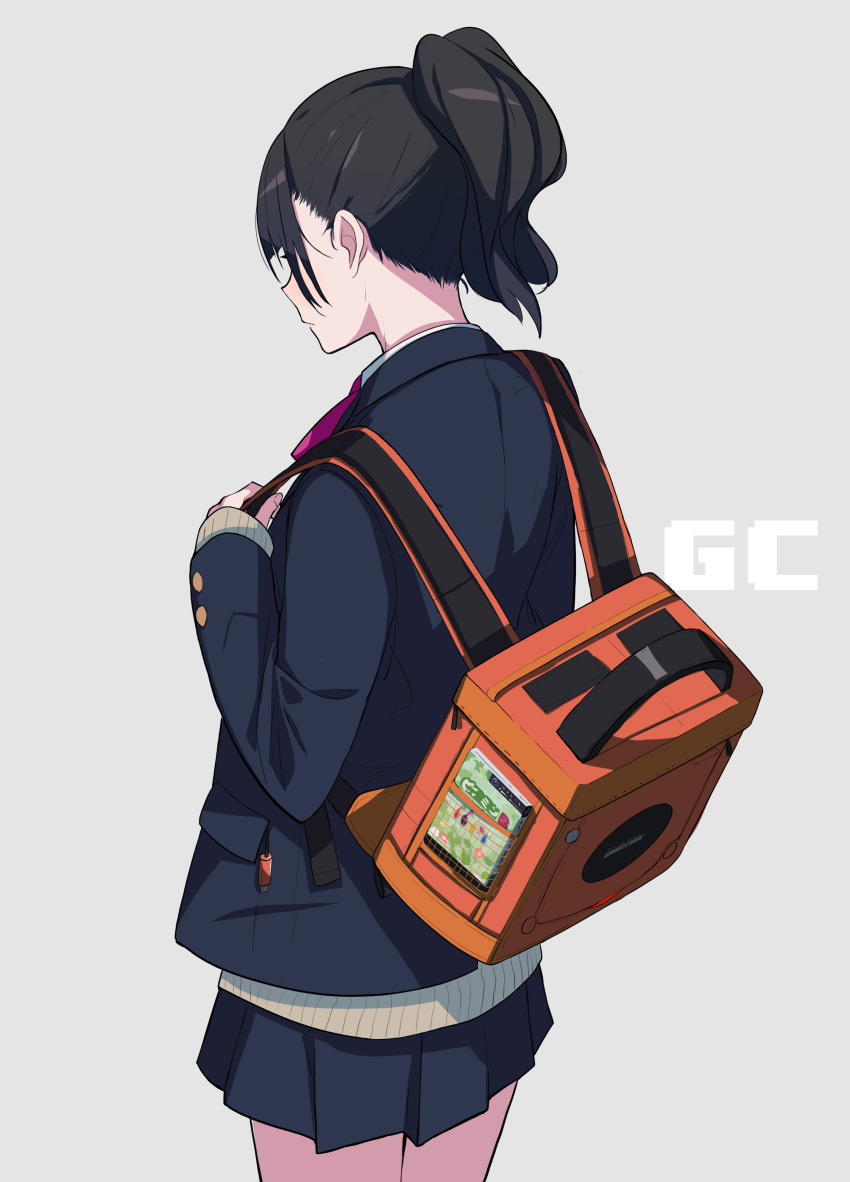 1girl absurdres back backpack bag beige_sweater black_hair blazer blue_background blush book cable character_print commentary_request covered_eyes cowboy_shot fami_(yellow_skies) game_console game_cover gamecube gamecube_controller highres holding holding_bag in_pocket jacket long_hair neck_ribbon nintendo orange_backpack original original_character pikmin_(creature) pikmin_(series) pikmin_2 pink_neckwear pleated_skirt ponytail ribbon school_uniform shiny shiny_hair simple_background skirt sleeves_past_wrists sweater