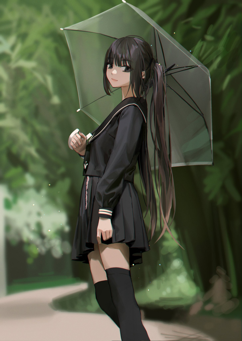 1girl bangs black_eyes black_hair black_legwear black_sailor_collar black_shirt black_skirt closed_mouth commentary english_commentary eyebrows_visible_through_hair eyes_visible_through_hair feet_out_of_frame from_side highres holding holding_umbrella long_hair long_sleeves looking_at_viewer looking_to_the_side minttchocok original photo-referenced pleated_skirt sailor_collar school_uniform serafuku shirt skirt solo standing thigh-highs transparent transparent_umbrella twintails umbrella very_long_hair