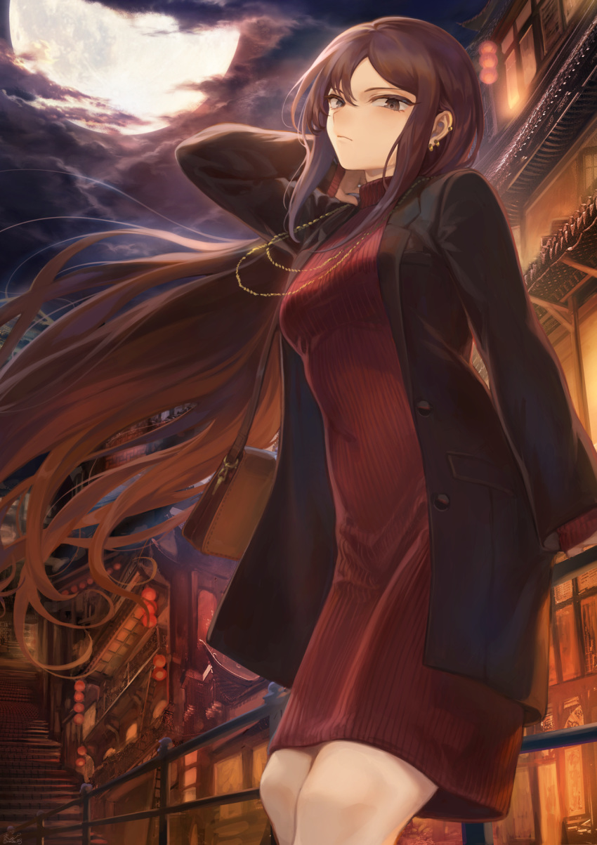 1girl bag bangs blush breasts brown_coat brown_eyes brown_hair clouds coat consort_yu_(fate) dress ear_piercing earrings fate/grand_order fate_(series) floating_hair full_moon highres jewelry leaning_on_rail long_hair looking_at_viewer mashuu_(neko_no_oyashiro) medium_breasts moon multiple_piercings necklace night open_clothes open_coat outdoors piercing red_dress red_sweater ribbed_dress shoulder_bag solo sweater sweater_dress turtleneck turtleneck_sweater very_long_hair wind