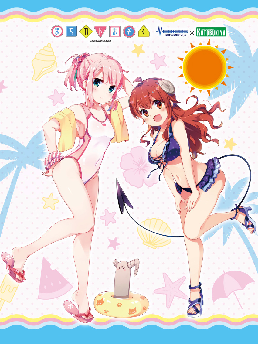 2girls absurdres breasts brown_hair chiyoda_momo hair_ornament highres horns long_hair machikado_mazoku md5_mismatch multiple_girls official_art pink_hair ponytail resized sandals short_hair sideboob standing standing_on_one_leg swimsuit tail yoshida_yuuko_(machikado_mazoku)