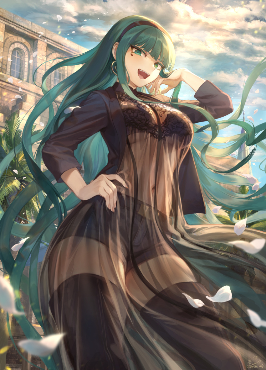1girl bangs belt black_bra black_footwear black_jacket black_shorts blue_sky blush boots bra breasts cleopatra_(fate/grand_order) contemporary covered_navel earrings eye_of_horus fate/grand_order fate_(series) green_eyes green_hair hairband hand_on_hip highres hoop_earrings jacket jewelry large_breasts long_hair long_sleeves looking_at_viewer mashuu_(neko_no_oyashiro) open_clothes open_jacket open_mouth palm_tree petals sheer_clothes short_shorts shorts sky smile solo sunlight thigh-highs thigh_boots thighs tree underwear very_long_hair
