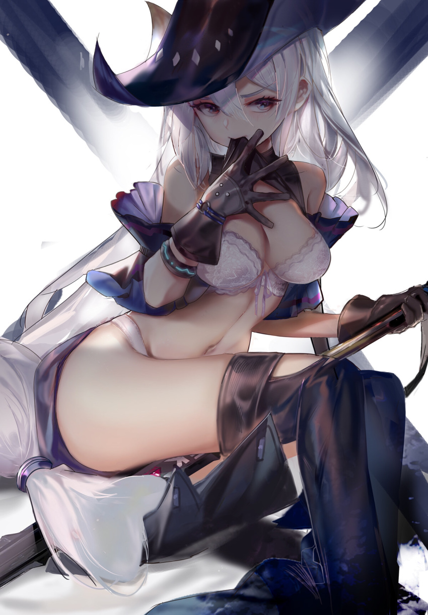 1girl arknights bangs black_footwear black_gloves black_headwear boots bra breasts commentary_request feet_out_of_frame gloves grey_eyes hair_between_eyes hand_up highres holding large_breasts long_hair looking_at_viewer low-tied_long_hair navel panties partial_commentary rabbit_(tukenitian) silver_hair sitting skadi_(arknights) solo stomach thigh-highs thigh_boots thighs underwear very_long_hair white_background white_bra white_panties