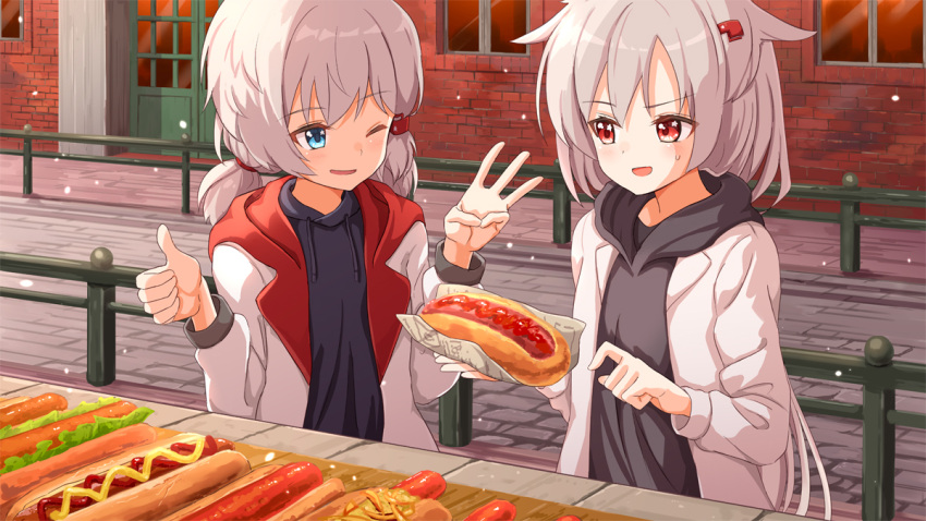 2girls :d ;d ame. azur_lane bangs black_hoodie blue_eyes blush brick_wall building commentary_request denver_(azur_lane) door drawstring eyebrows_visible_through_hair food grey_hair hair_ornament hairclip hands_up holding holding_food hood hood_down hoodie hot_dog jacket long_hair long_sleeves low_twintails montpelier_(azur_lane) multiple_girls one_eye_closed open_clothes open_jacket open_mouth outdoors red_eyes short_twintails smile snowing star star_in_eye symbol_in_eye thumbs_up twintails upper_body very_long_hair white_jacket window