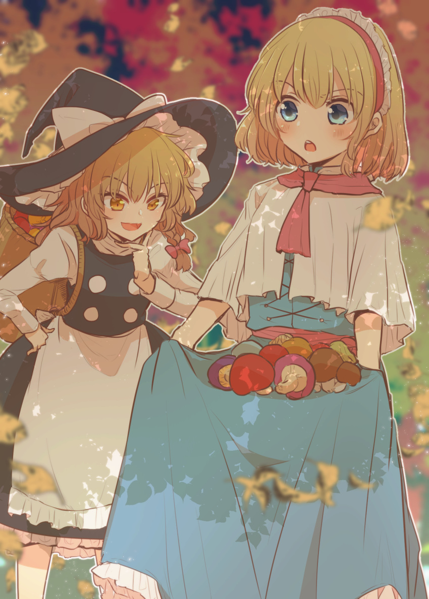 2girls alice_margatroid aoi_(annbi) apron ascot autumn backpack bag bangs black_dress blonde_hair blue_dress blue_eyes blush bow braid buttons capelet cowboy_shot dress frilled_dress frilled_skirt frills hair_bow hairband hand_on_hip hand_on_own_face hat hat_bow highres kirisame_marisa lolita_hairband long_sleeves looking_at_another multiple_girls mushroom open_mouth red_bow red_hairband sash short_hair side_braid single_braid skirt skirt_basket touhou waist_apron white_bow witch_hat yellow_eyes